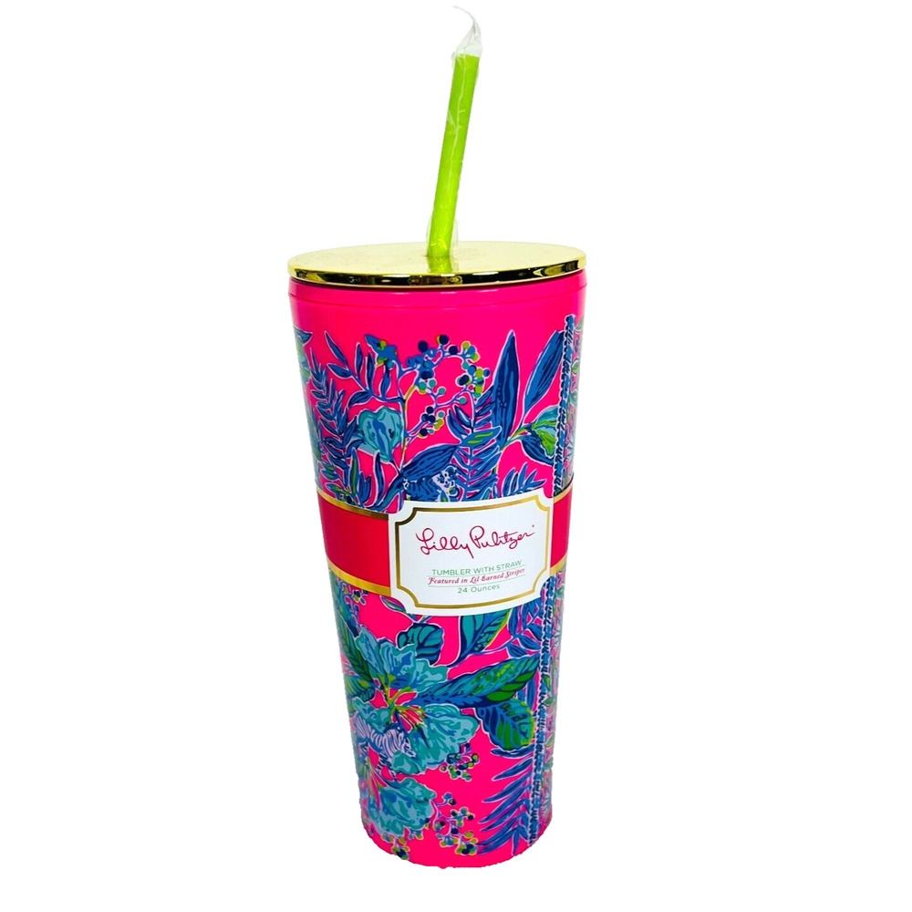 Lilly Pulitzer Tumbler With Straw Lil Earned Stripes Zebra Pink BPA Free 24 oz.